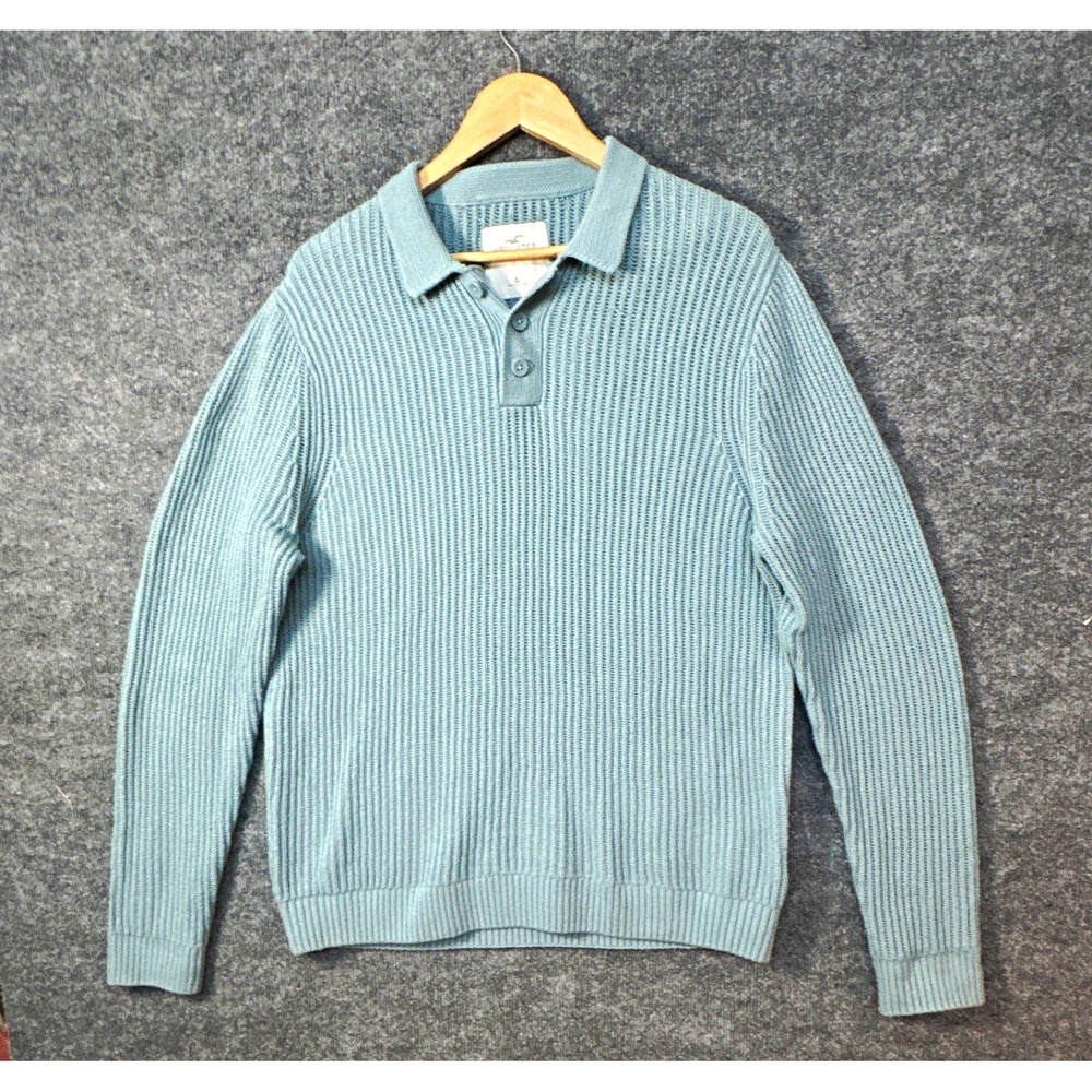 Hollister Ribbed Knit Collared Button Pullover Sweater Mens XL Blue Long Sleeve